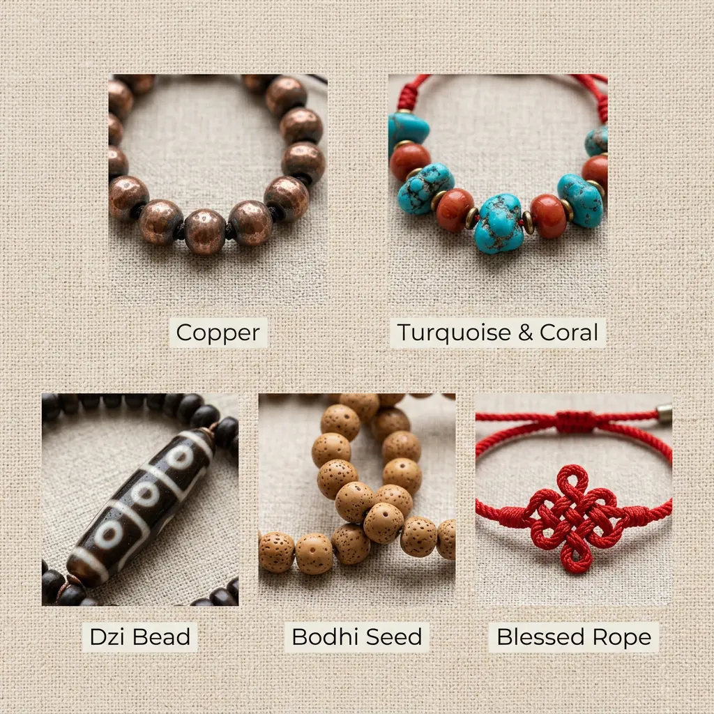 Labeled Tibetan bracelet materials including copper, turquoise and coral, dzi bead, bodhi seed, and blessed rope
