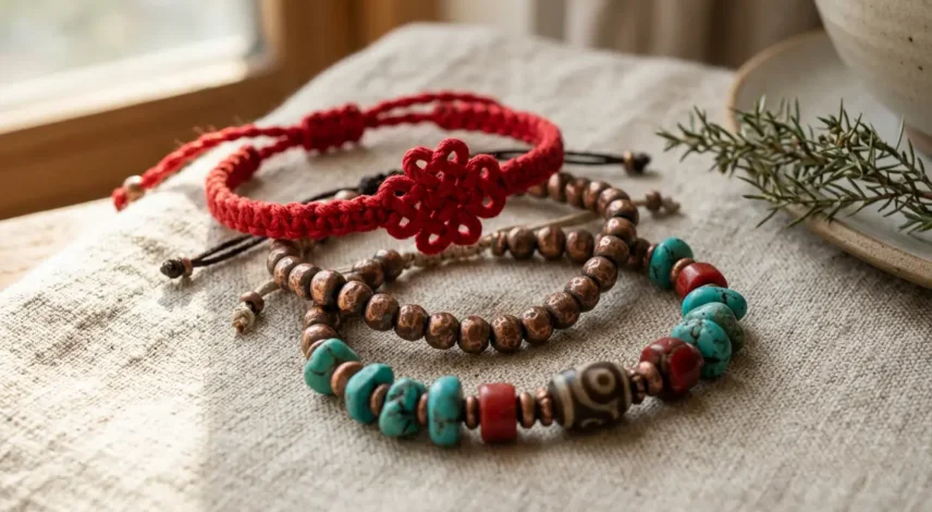 Tibetan Bracelet Meaning – Authentic Handmade Bracelets Authentic handmade Tibetan bracelets in copper, turquoise, and red string on a natural linen background