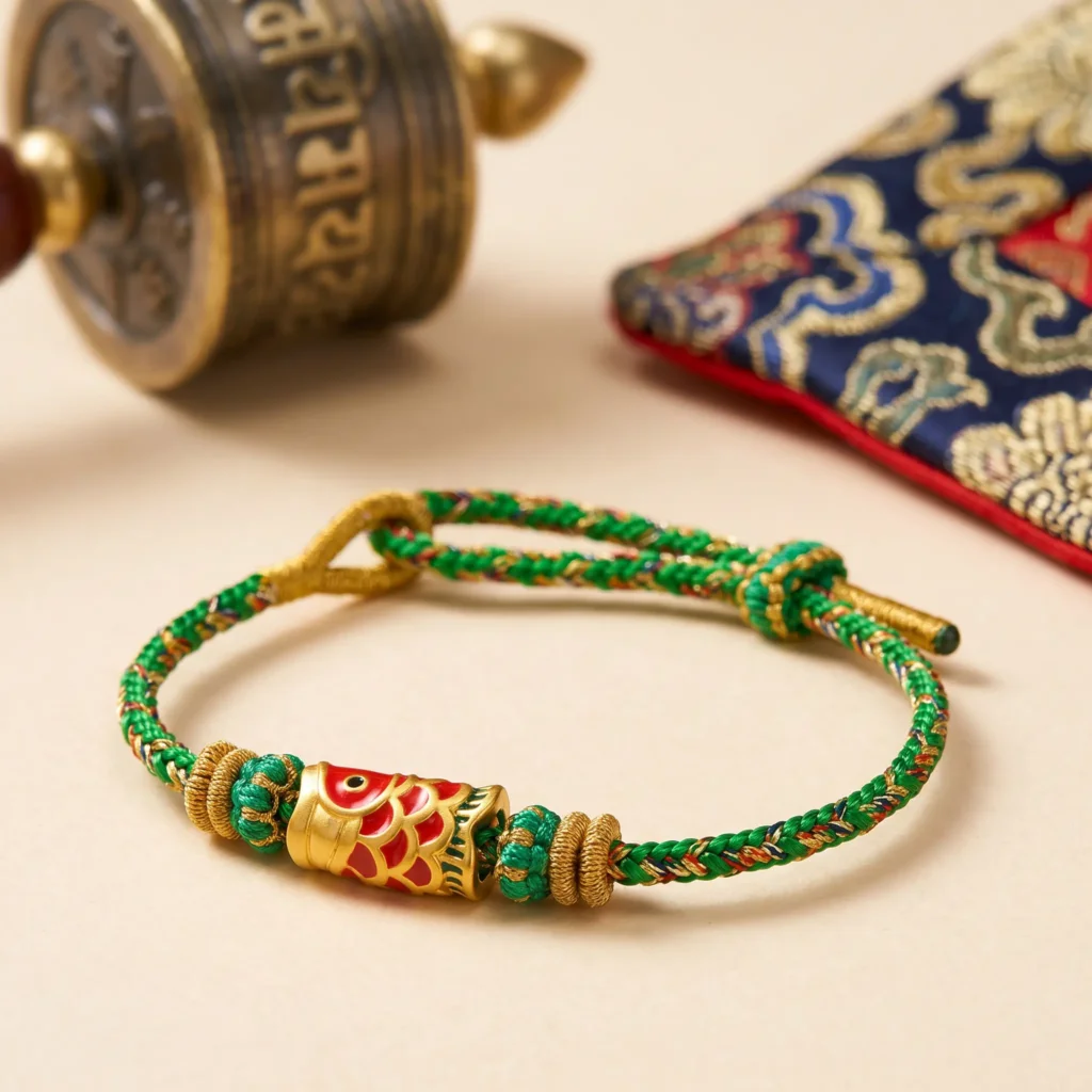 Tibetan Fish Charm Bracelet with Green Braided Cord - Handwoven Buddhist Jewelry Tibetan Fish Charm Bracelet with Green Braided Cord Handwoven Buddhist Jewelry