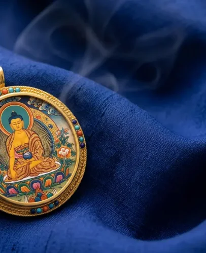 Tibetan Guardian Buddha pendant necklace on dark silk Tibetan Thangka Buddha pendant necklace representing the eight Benming Guardian Buddhas of the Chinese zodiac