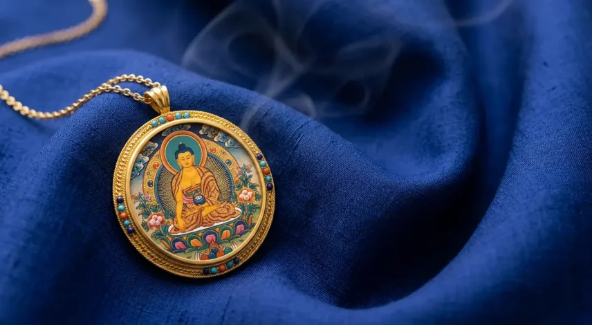 Tibetan Guardian Buddha pendant necklace on dark silk Tibetan Thangka Buddha pendant necklace representing the eight Benming Guardian Buddhas of the Chinese zodiac