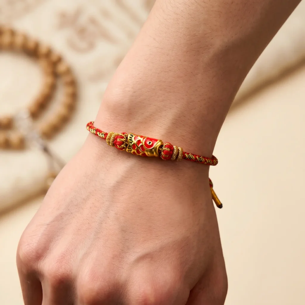 Tibetan Red Gold Fish Bracelet on Wrist - Handmade Buddhist Lucky Charm Jewelry Tibetan Red Gold Fish Bracelet on Wrist Handmade Buddhist Lucky Charm Jewelry