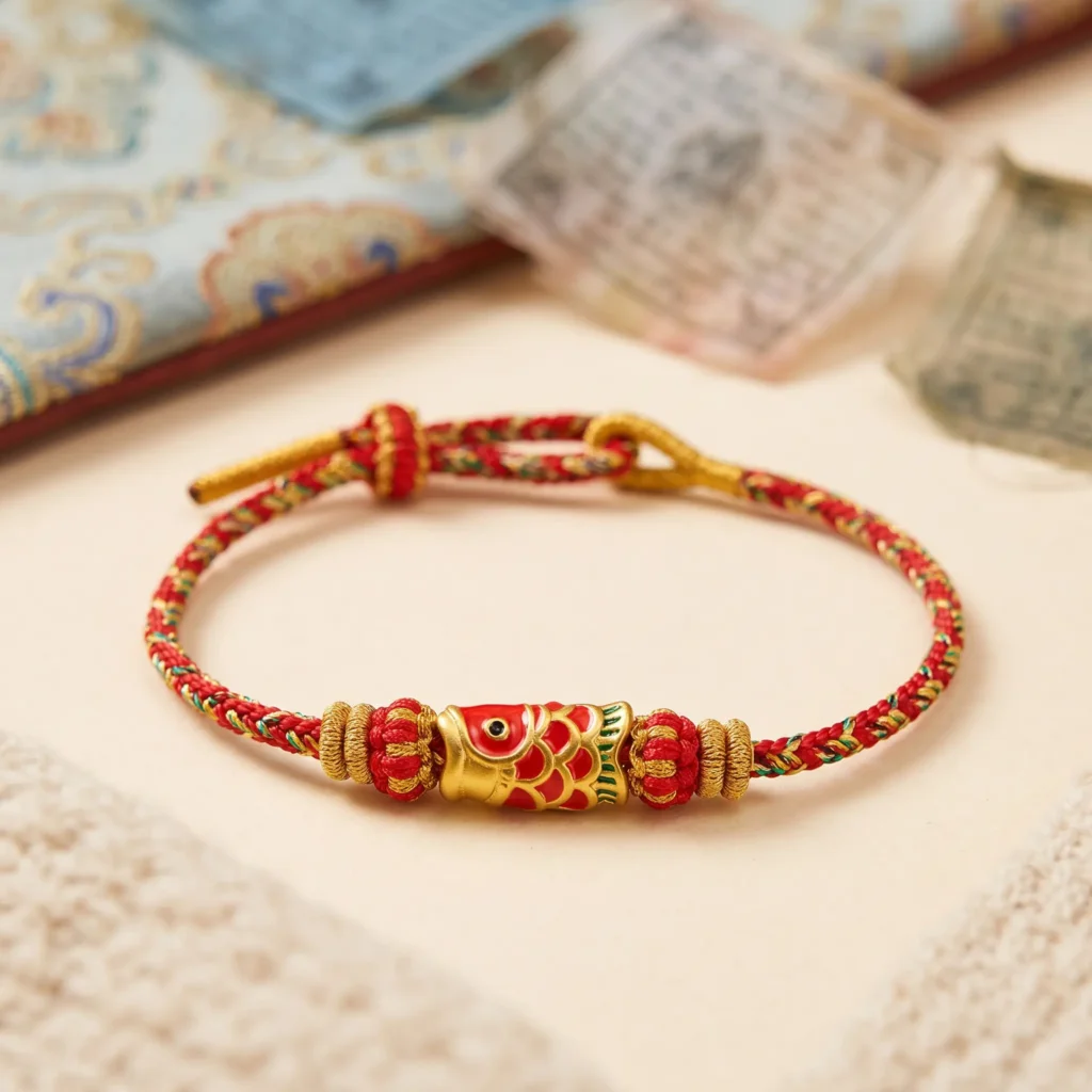 Tibetan Red Gold Fish Charm Bracelet - Adjustable Handmade Buddhist Wristband Tibetan Red Gold Fish Charm Bracelet Adjustable Handmade Buddhist Wristband