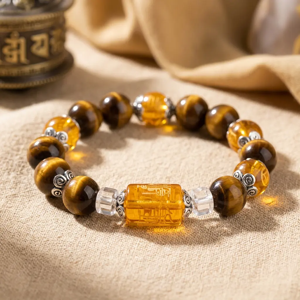 Tiger Eye Wealth Bracelet with Mantra Barrel Bead 10mm natural tiger eye wealth bracelet with golden mantra bead and clear quartz cubes, beside a Tibetan prayer wheel.