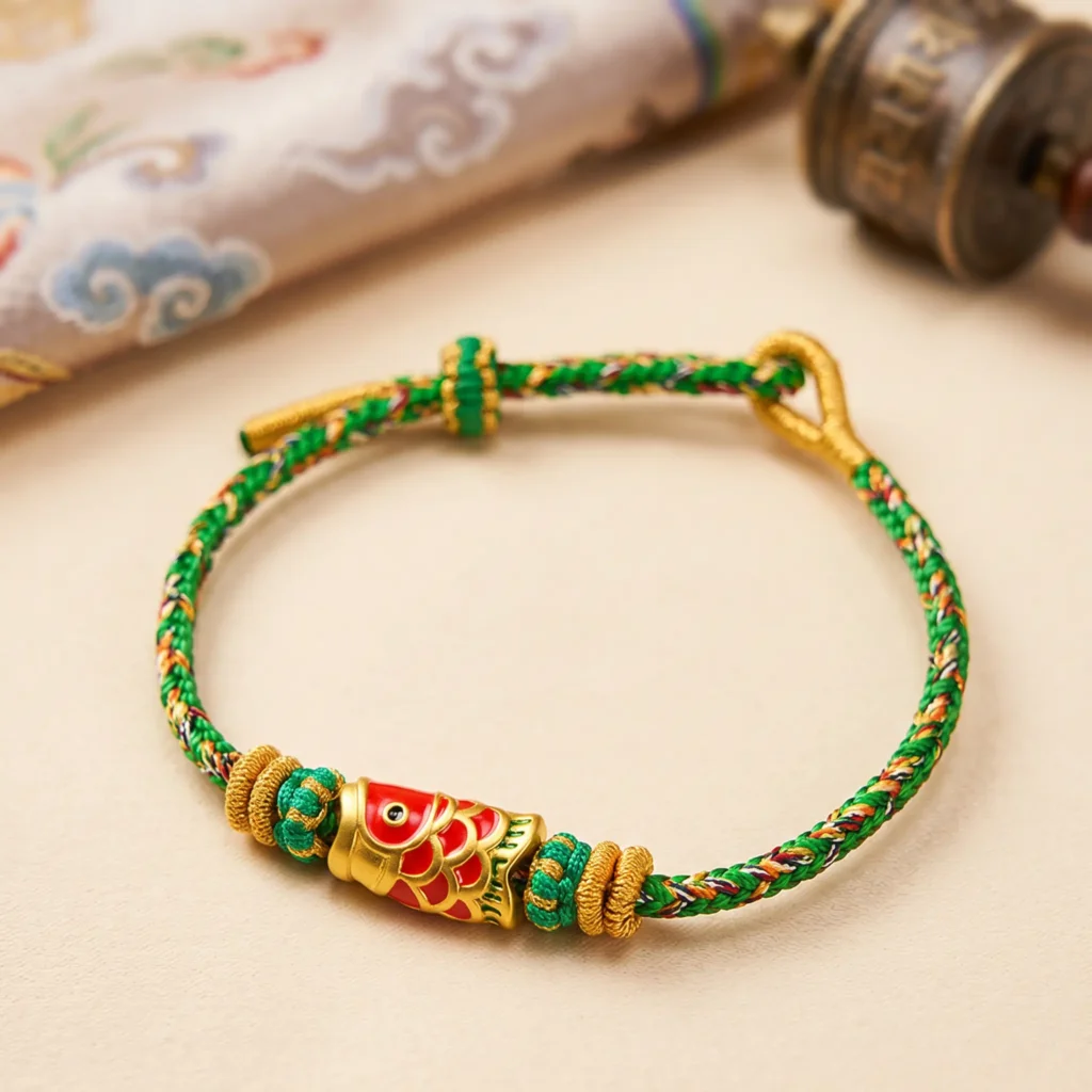 Traditional Tibetan Fish Bracelet - Handmade Green Cord Buddhist Jewelry Traditional Tibetan Fish Bracelet Handmade Green Cord Buddhist Jewelry