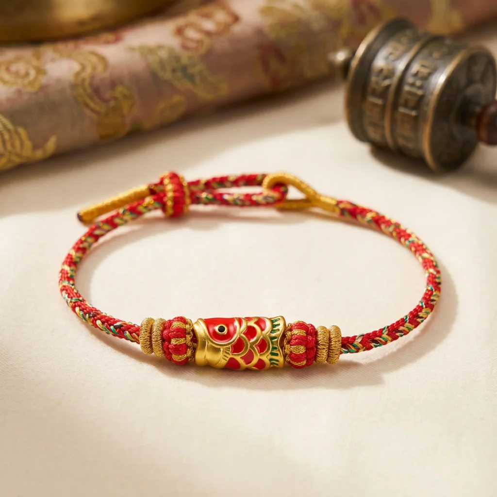 Traditional Tibetan Fish Bracelet Red Gold - Handwoven Buddhist Jewelry Traditional Tibetan Fish Bracelet Red Gold Handwoven Buddhist Jewelry