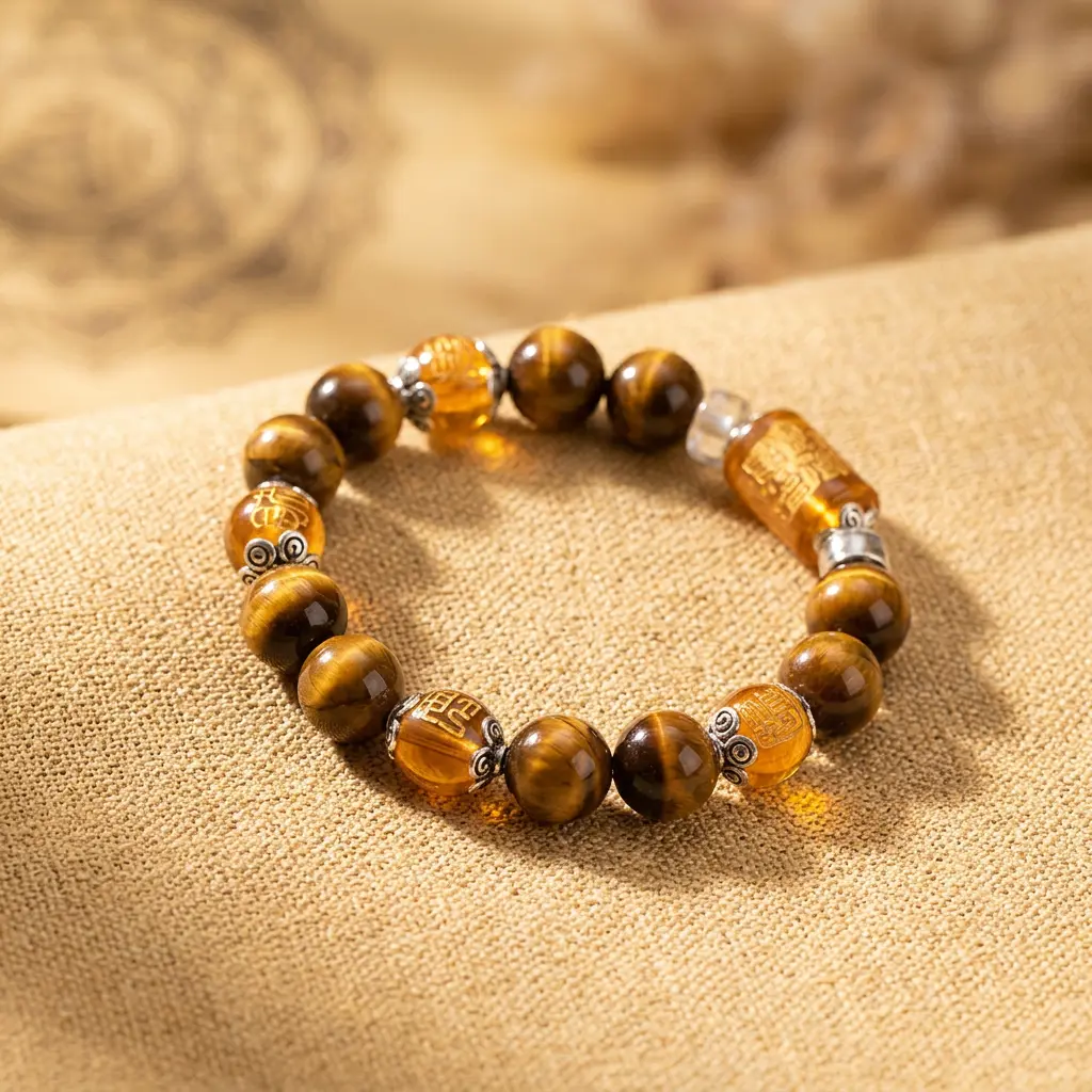 Unisex Tiger Eye Beaded Bracelet for Luck and Wealth Unisex tiger eye beaded bracelet with engraved beads and Tibetan silver spacers over a softly lit mandala backdrop.