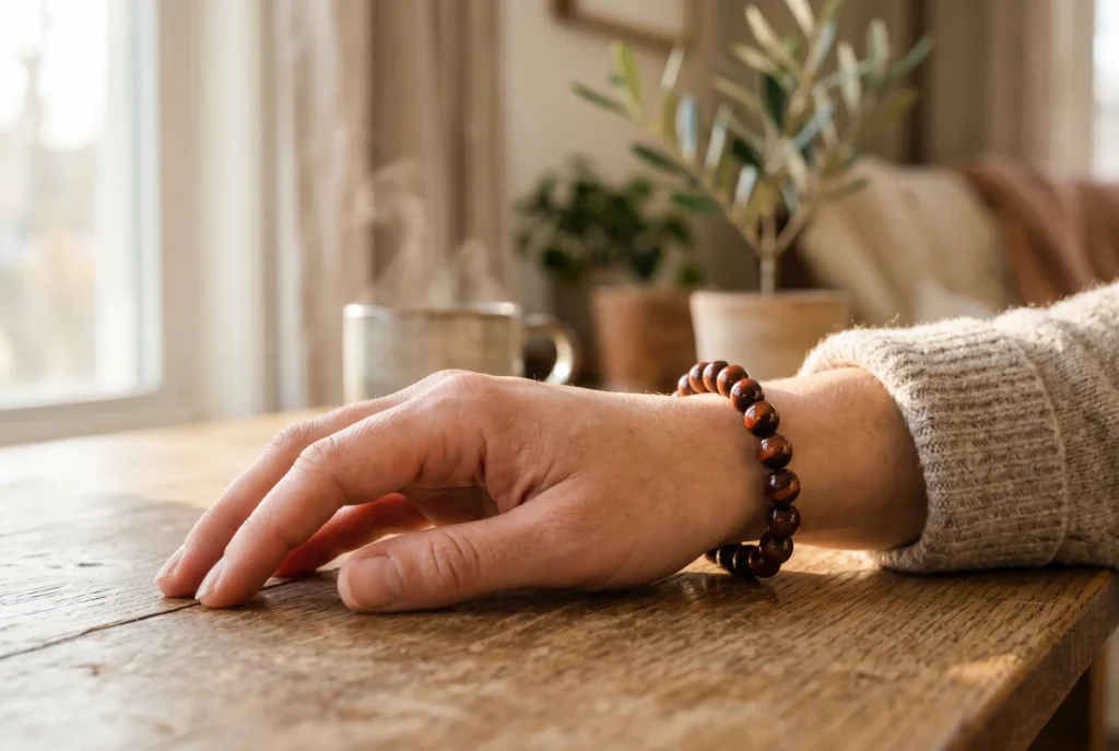 Red tiger eye beaded bracelet worn on a person's right wrist in warm natural daylight