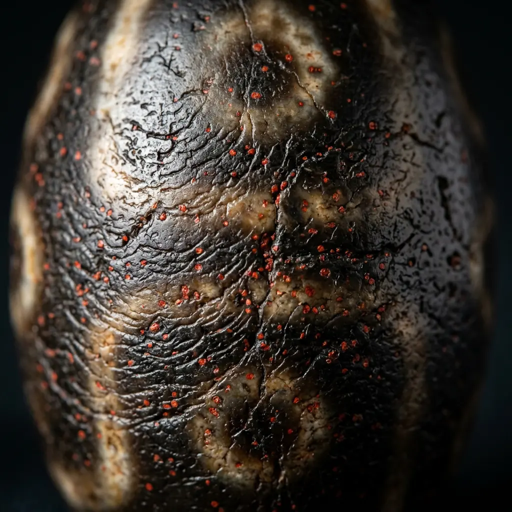 Extreme close-up of an aged agate dzi bead showing fish-scale weathering marks, waxy patina, and red cinnabar dots