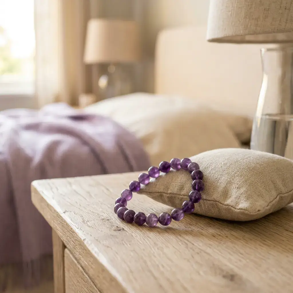 Purple amethyst beaded bracelet with 8mm round beads resting on a light bedside table