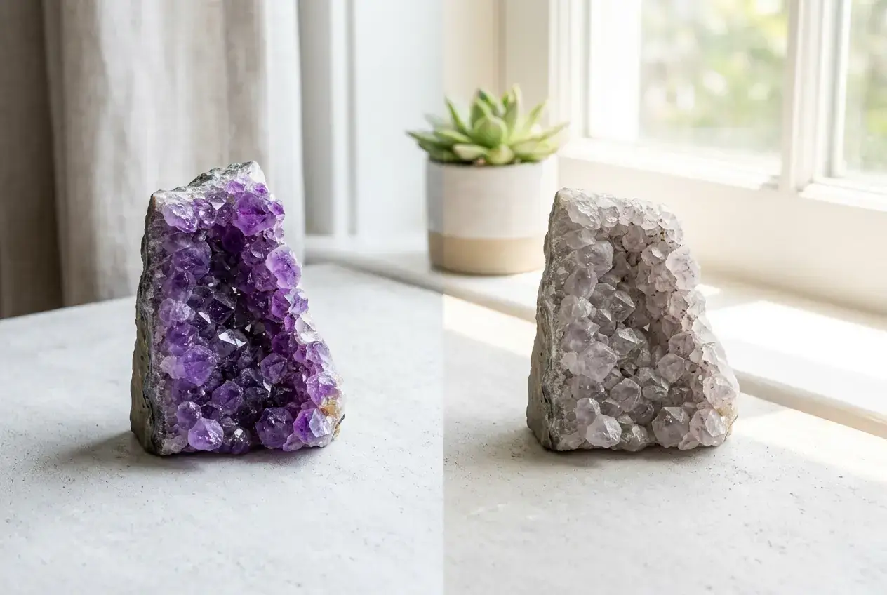 Before and after comparison of vibrant purple amethyst versus a sun-faded pale amethyst, showing how sunlight fades crystals