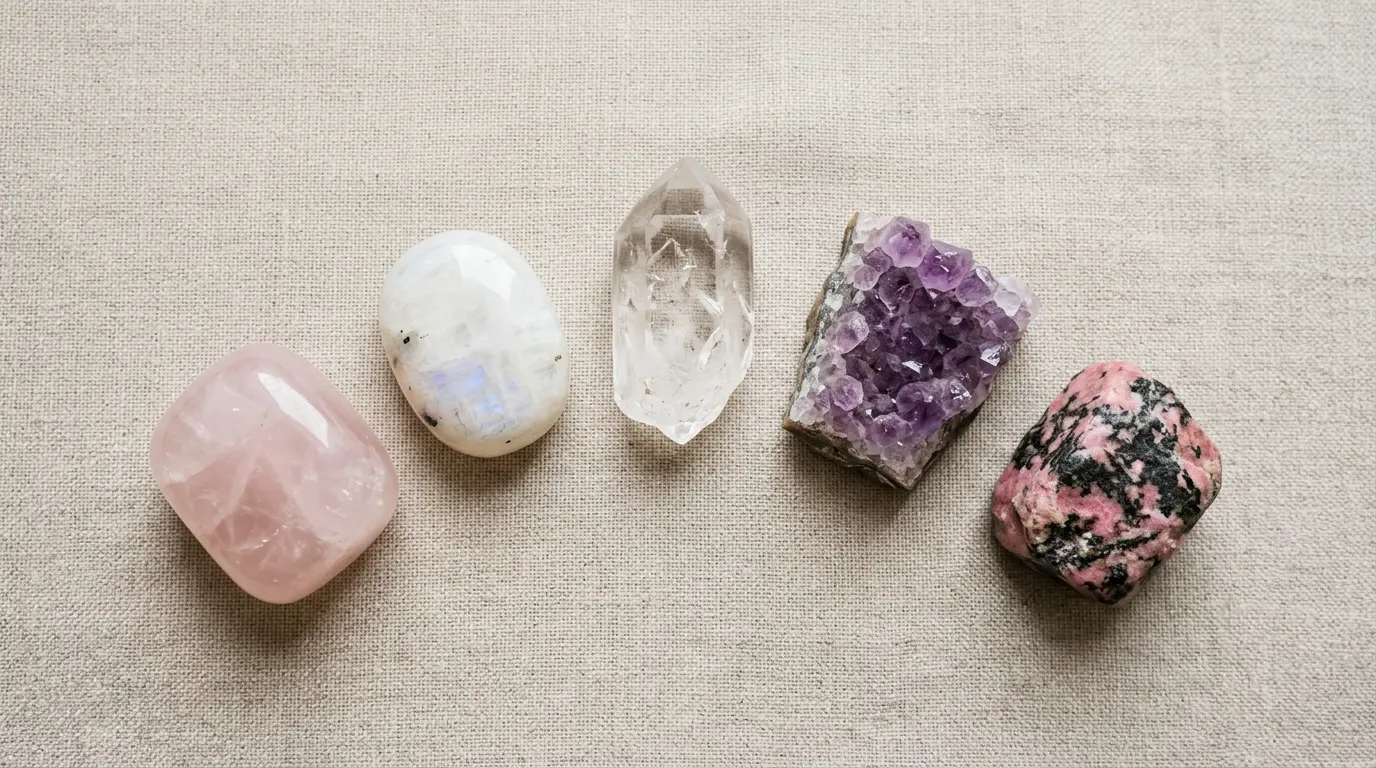 Five crystals for 222 — rose quartz, moonstone, clear quartz, amethyst, and rhodonite — on linen