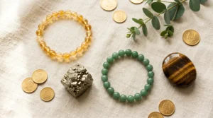 flat lay of best crystals for money and wealth including citrine, pyrite and green aventurine bracelets