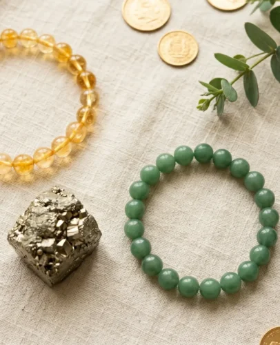 best-crystals-for-money-and-wealth-hero flat lay of best crystals for money and wealth including citrine, pyrite and green aventurine bracelets