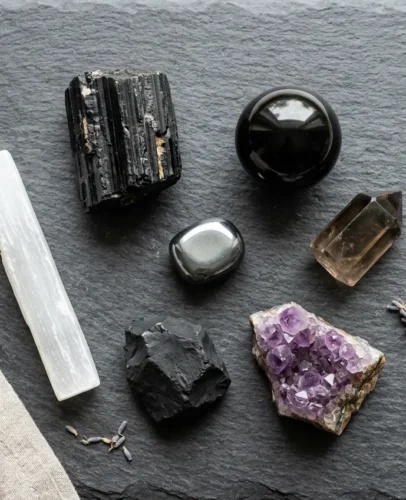 best-crystals-protection-negative-energy-flatlay Seven best crystals for protection from negative energy arranged on a dark surface, including black tourmaline, black obsidian, hematite, amethyst, and selenite.