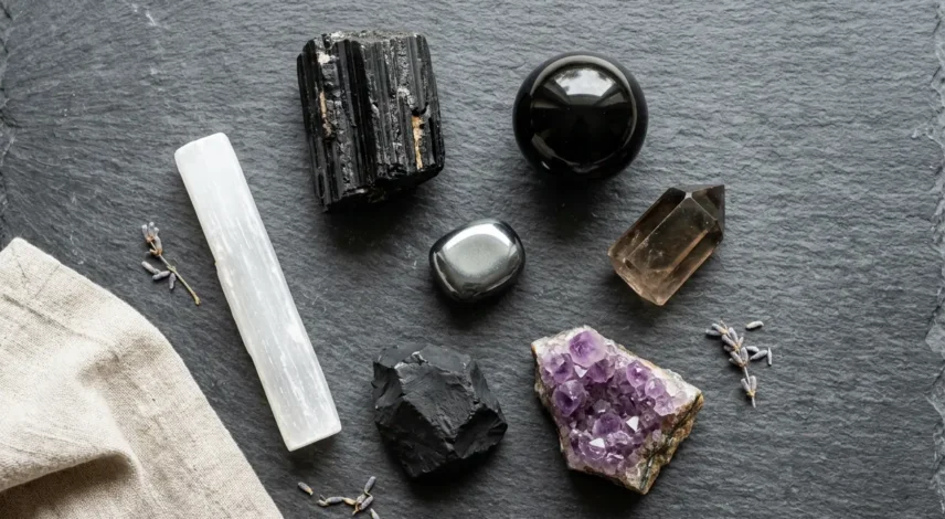 best-crystals-protection-negative-energy-flatlay Seven best crystals for protection from negative energy arranged on a dark surface, including black tourmaline, black obsidian, hematite, amethyst, and selenite.