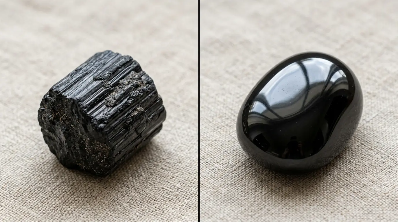 Side-by-side comparison of black tourmaline and black obsidian, showing the rough striated tourmaline versus the glossy smooth obsidian.