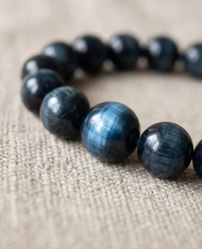 blue-tiger-eye-bracelet-natural Natural blue tiger eye bracelet showing blue-gray chatoyancy and moving light band
