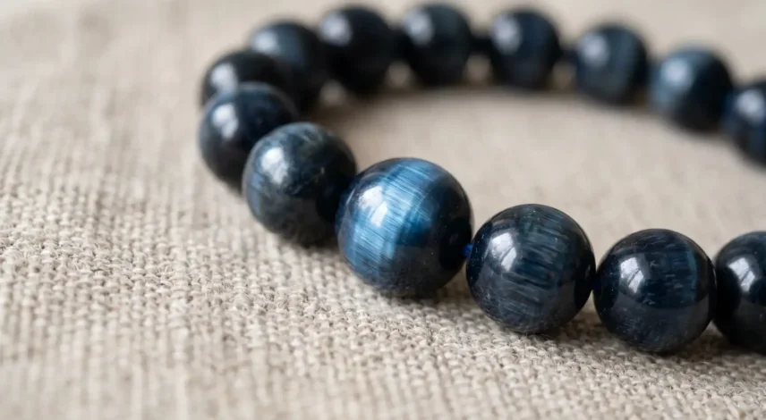 blue-tiger-eye-bracelet-natural Natural blue tiger eye bracelet showing blue-gray chatoyancy and moving light band