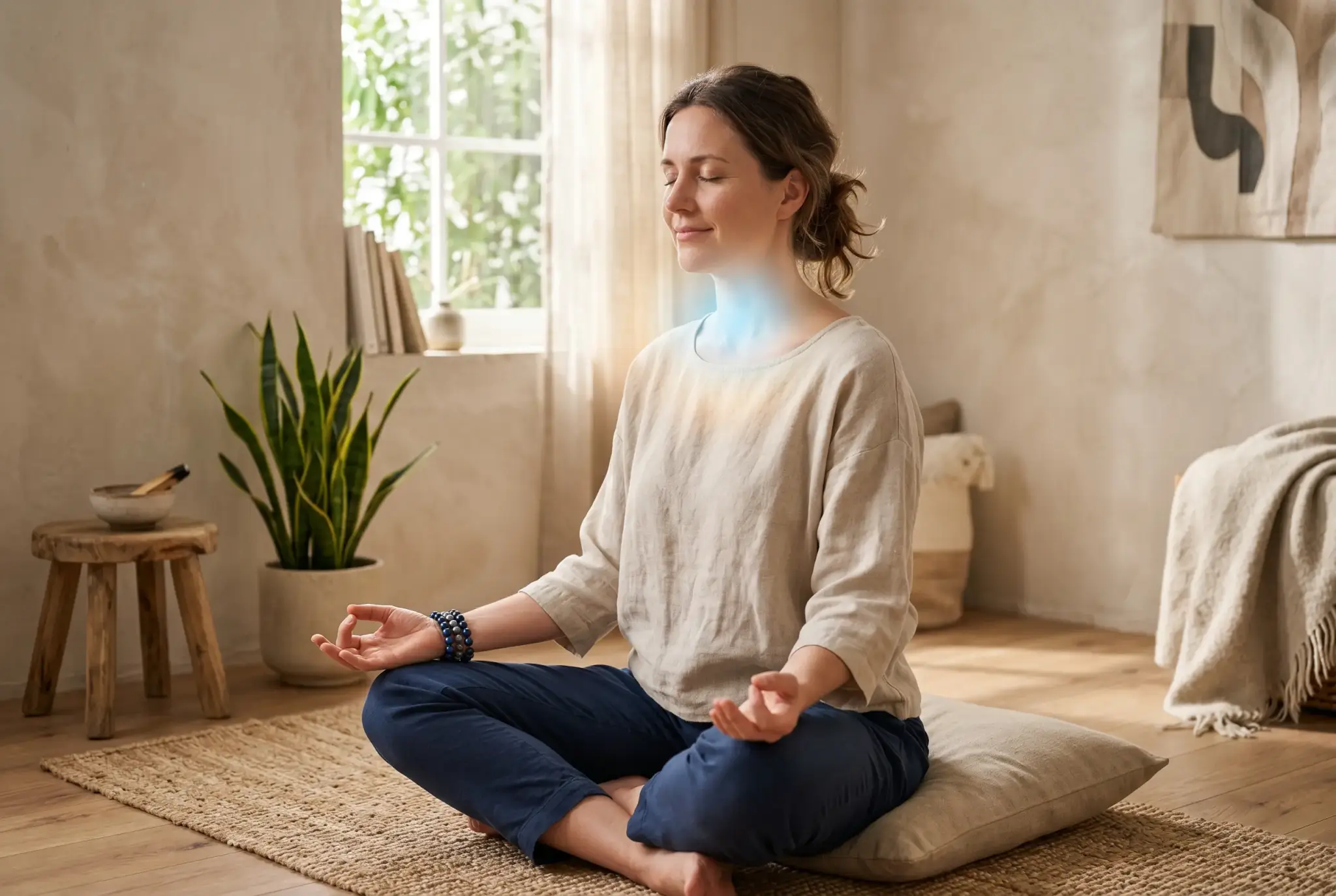 Person wearing a blue tiger eye bracelet during calm meditation, linked to throat chakra communication