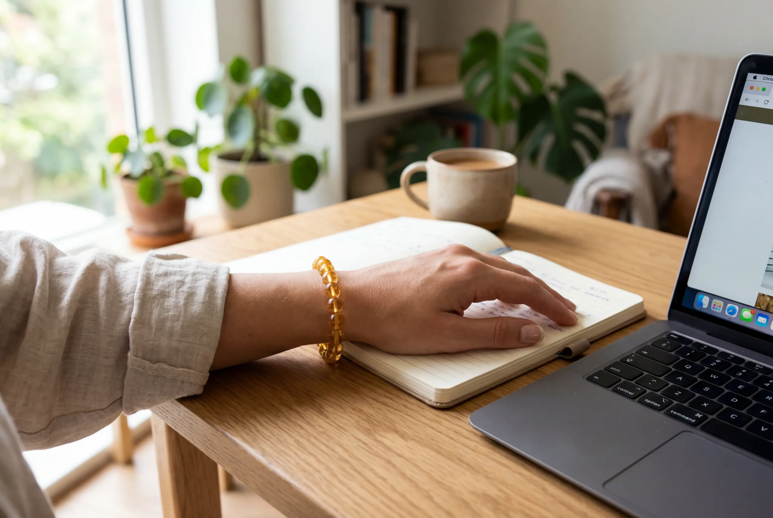 Golden citrine bead bracelet worn on a person's left wrist, the receiving side used to attract wealth in feng shui