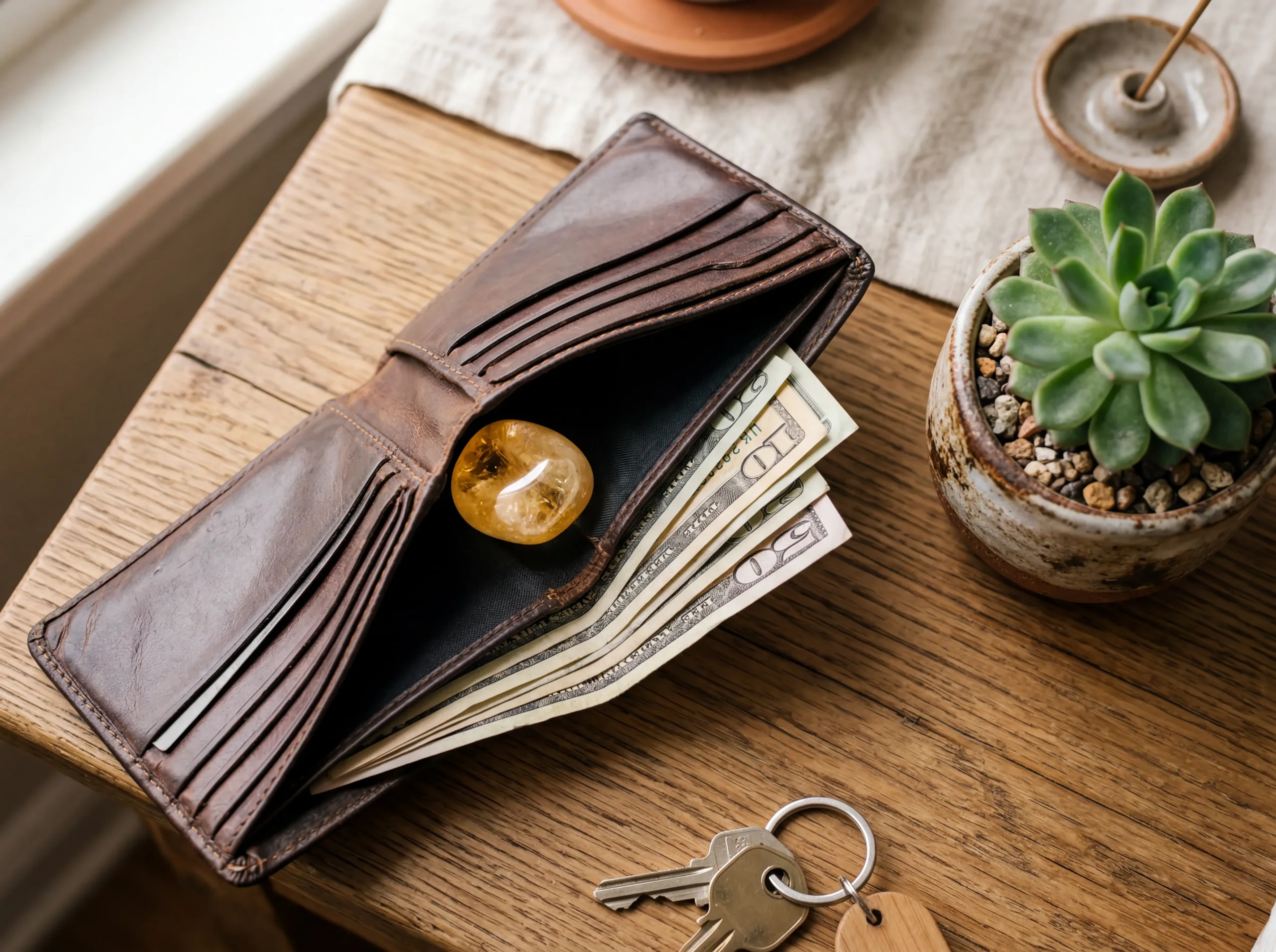 A small tumbled citrine stone tucked into a leather wallet and placed in the southeast wealth corner of a home