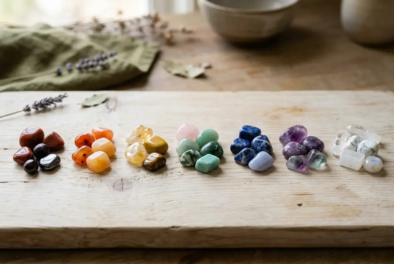 Healing crystals arranged by color from red to violet matching the seven chakra colors
