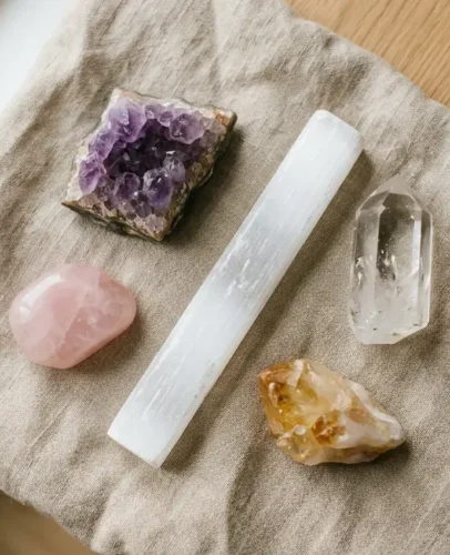 crystal-mistakes-beginners-hero.jpg Beginner crystal collection with amethyst, rose quartz, and selenite on a wooden tray showing common crystal care mistakes