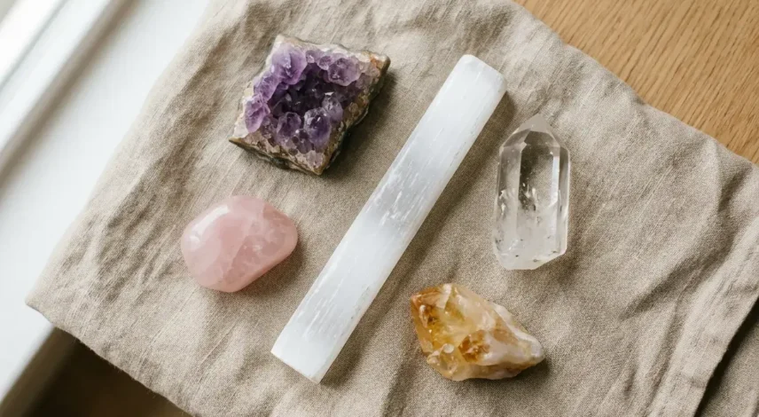 crystal-mistakes-beginners-hero.jpg Beginner crystal collection with amethyst, rose quartz, and selenite on a wooden tray showing common crystal care mistakes