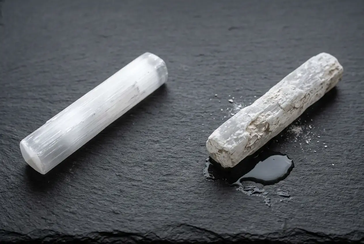 Side-by-side comparison of a smooth white selenite wand versus a cloudy water-damaged selenite, showing why some crystals cannot get wet