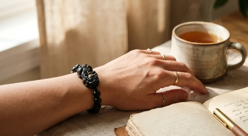 does-pixiu-bracelet-work-black-obsidian Black obsidian Pixiu bracelet worn on a left wrist as a daily intention and wealth symbol