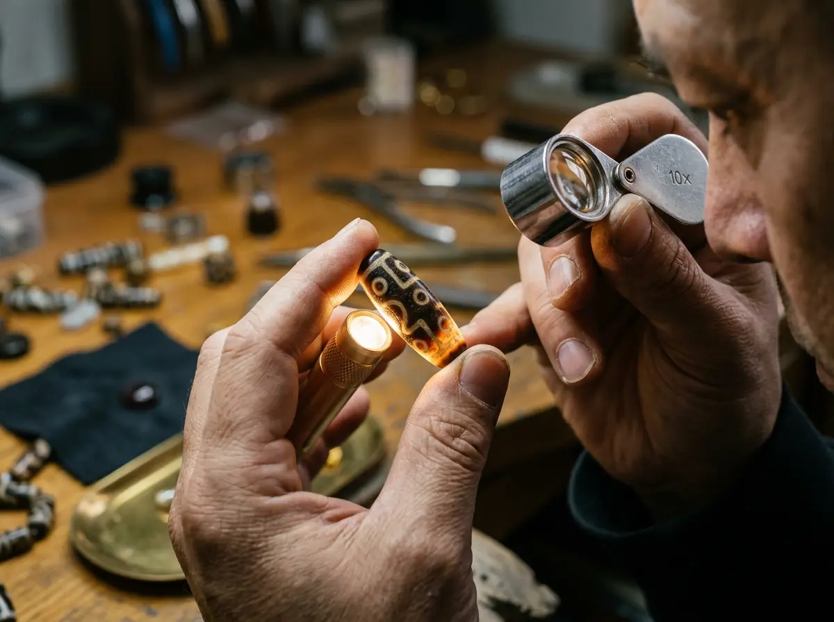 Hand using a jeweler's loupe and flashlight to inspect the etching depth and translucency of an agate dzi bead