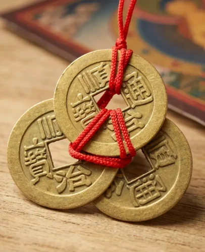 Close-up of three brass feng shui coins with square center hole and red knot beside Tibetan thangka
