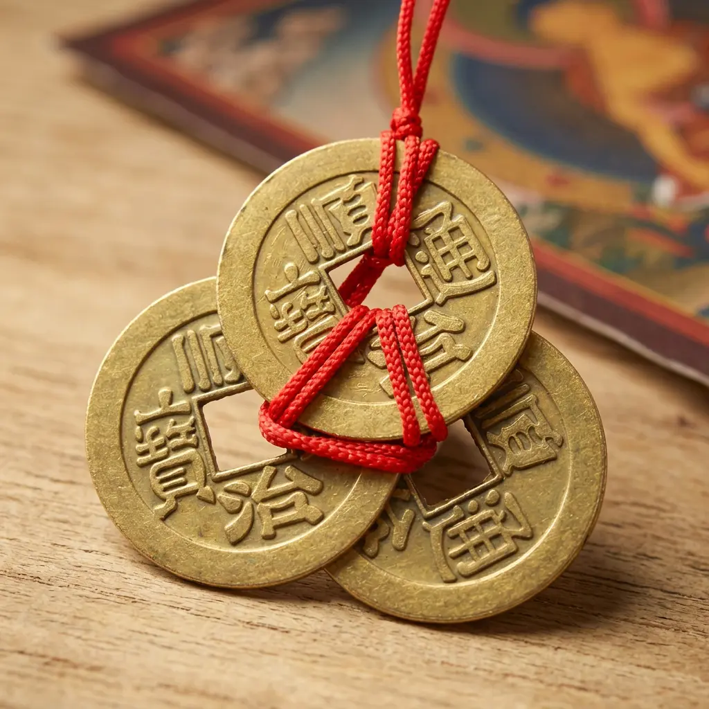 feng-shui-coins-closeup-square-hole-thangka Close-up of three brass feng shui coins with square center hole and red knot beside Tibetan thangka