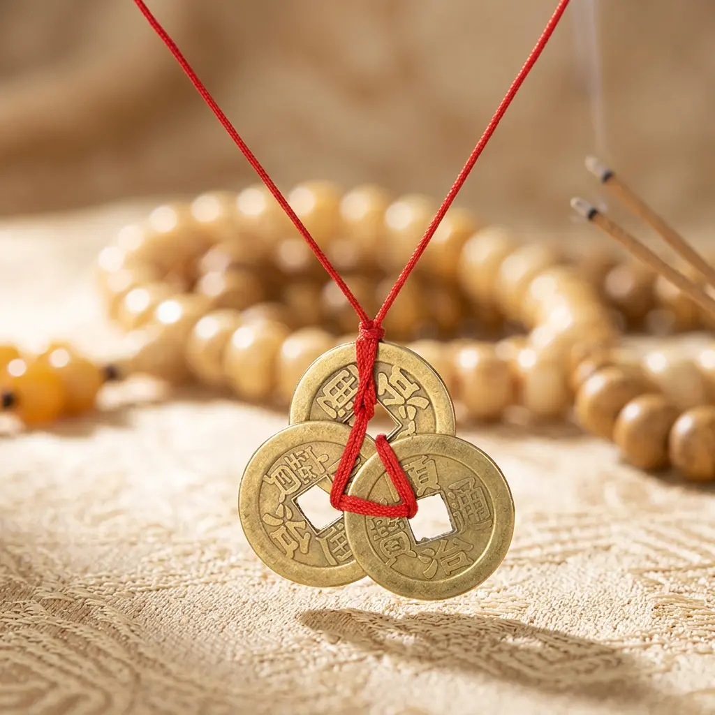 feng-shui-coins-pendant-mala-beads-incense Three feng shui lucky coins pendant on red string with Tibetan mala beads and incense