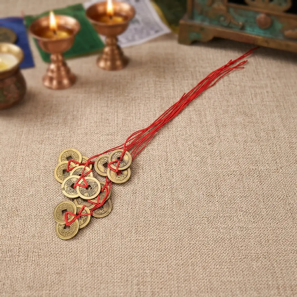 feng-shui-lucky-coins-tibetan-altar-butter-lamps Feng shui lucky coins on red string beside Tibetan butter lamps and altar at PotalaStore