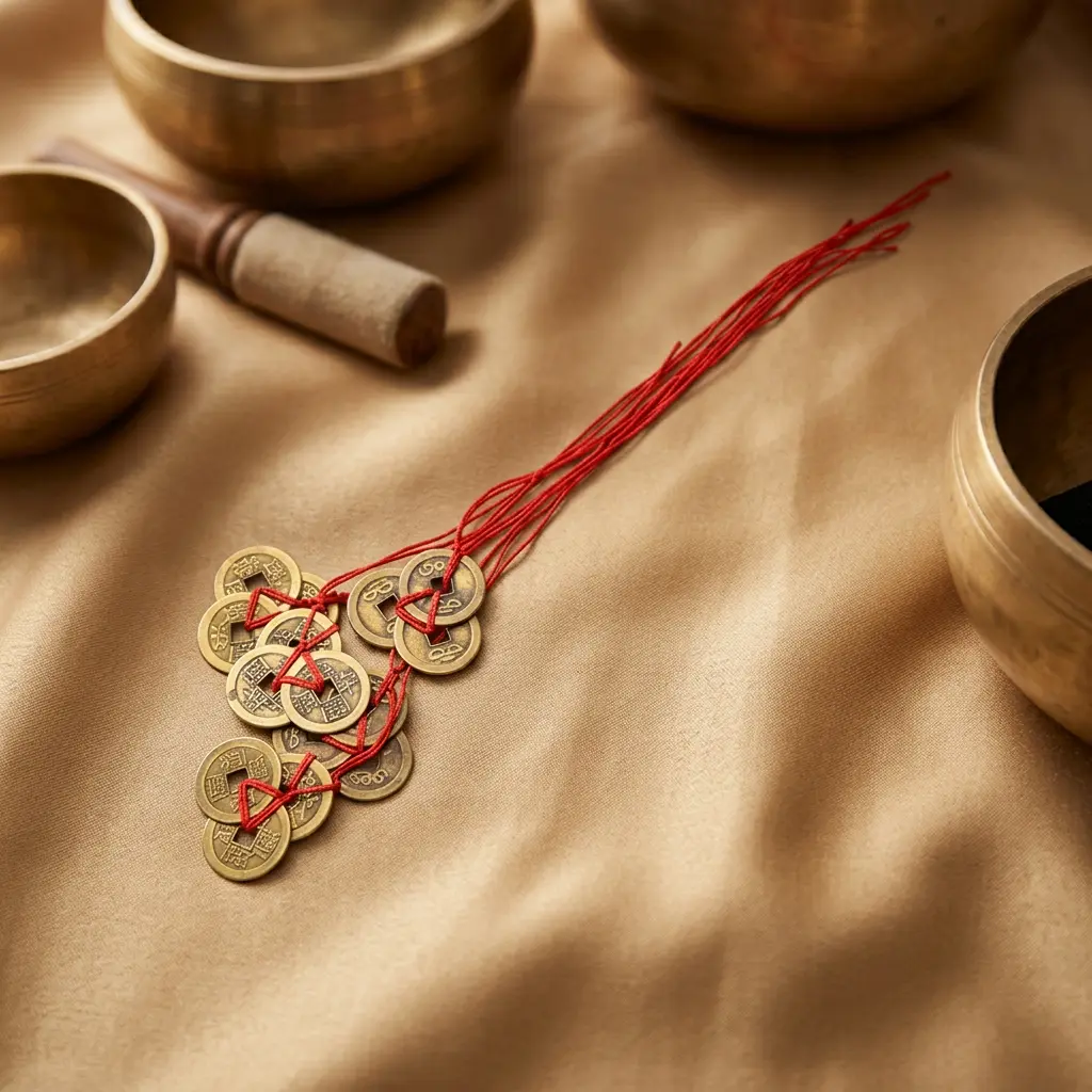 feng-shui-lucky-coins-tibetan-singing-bowls Feng shui wealth coins on red string displayed with Tibetan brass singing bowls