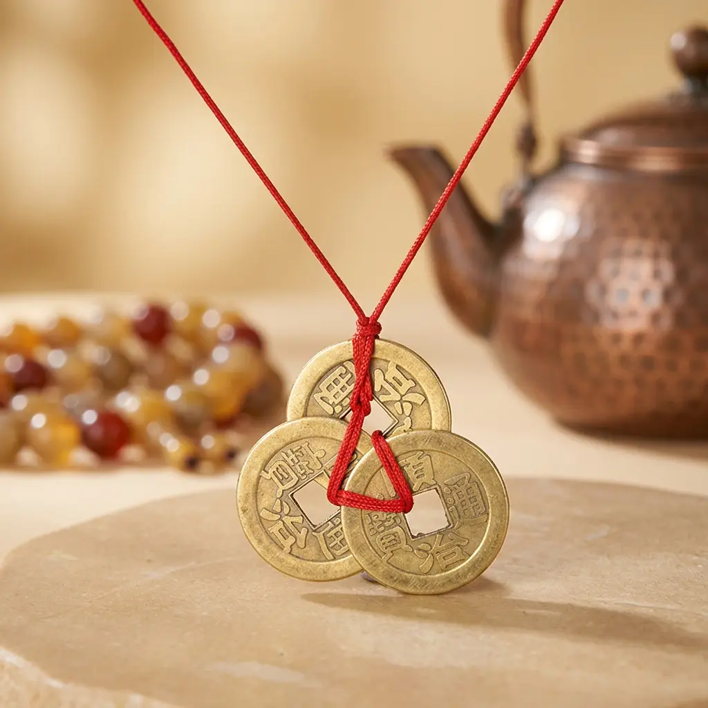 feng-shui-wealth-coins-pendant-copper-teapot Feng shui lucky coins on red string for prosperity with copper teapot and agate mala beads