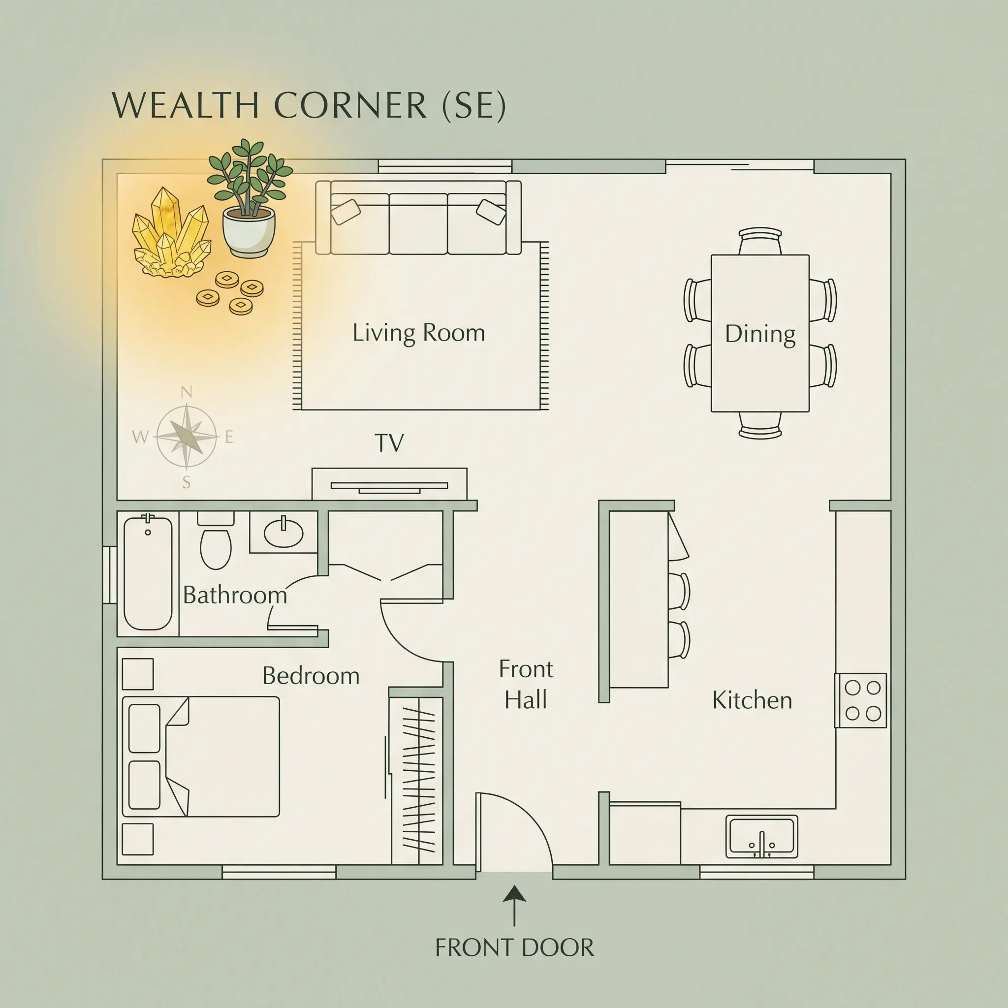 feng shui wealth corner placement diagram for money crystals in the southeast of the home