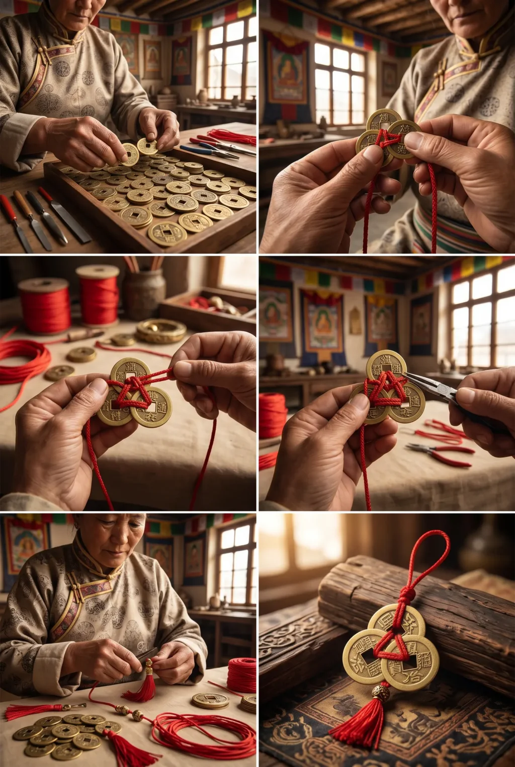 handmade-feng-shui-lucky-coins-tibetan-artisan-process Tibetan artisan handcrafting feng shui lucky coins on red string, step-by-step process at PotalaStore