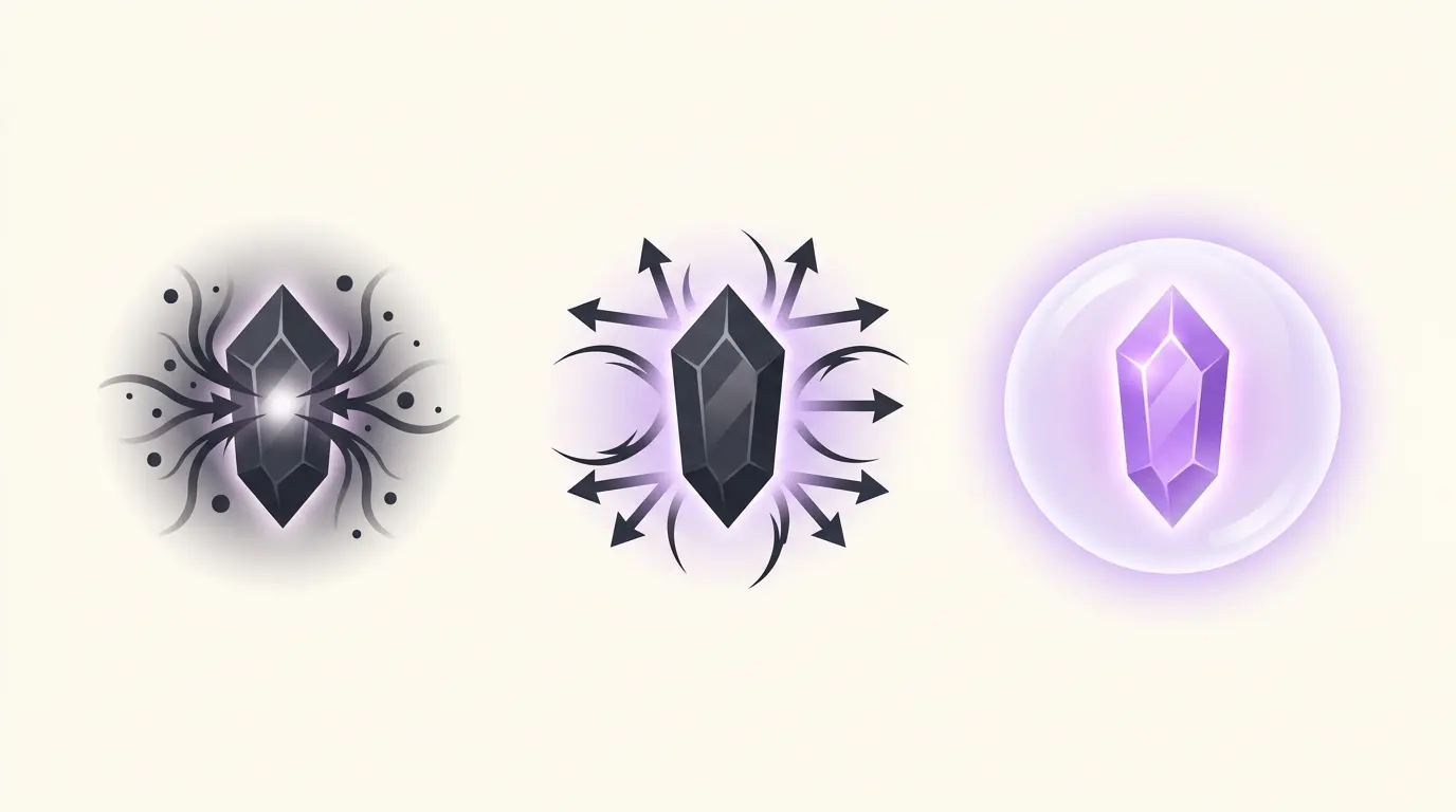 Infographic explaining how protection crystals work through three mechanisms: absorbing, deflecting, and shielding negative energy.
