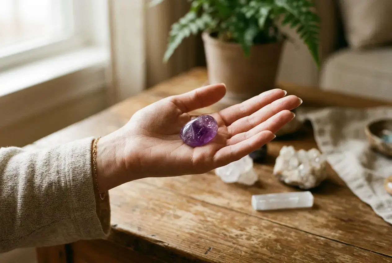 A person's open hand holding a single amethyst crystal, choosing one stone for a calming intention