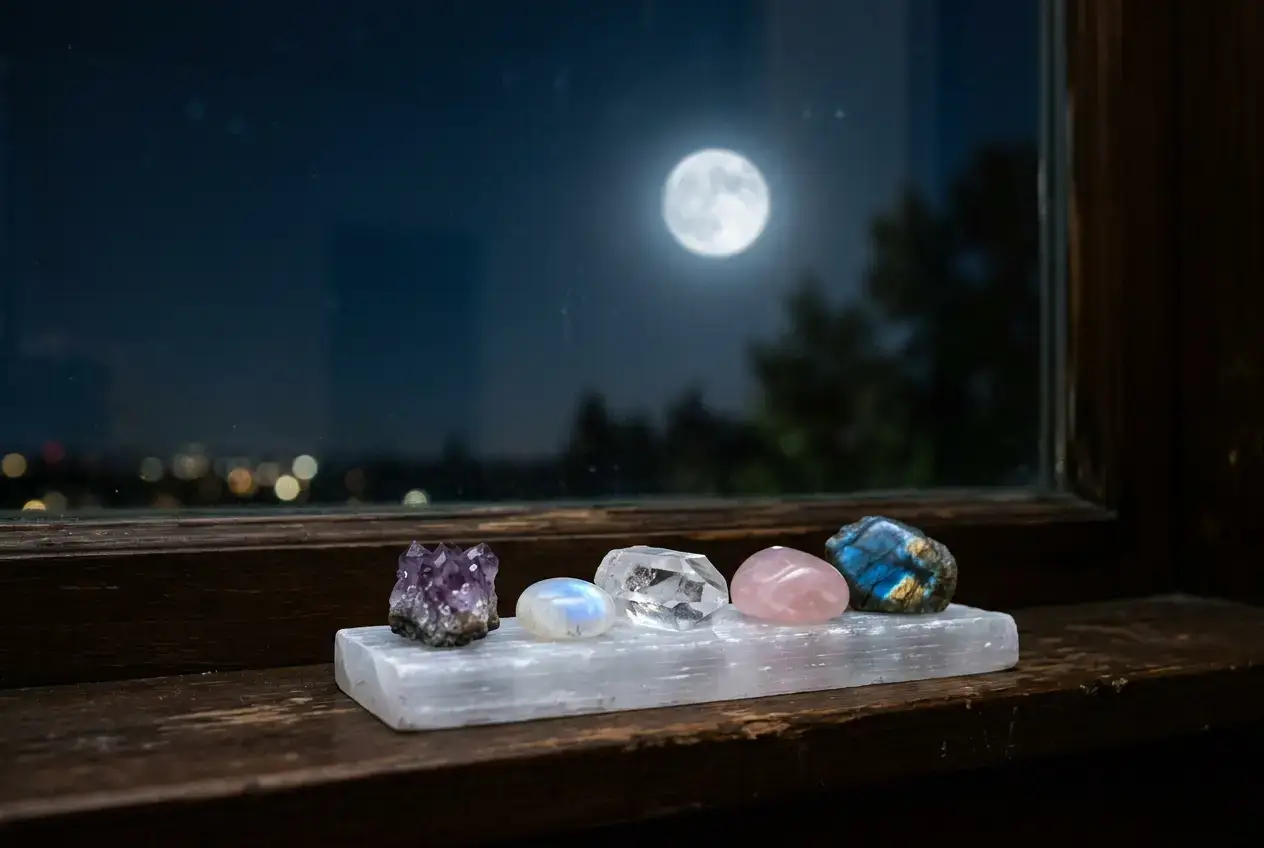 Healing crystals resting on a selenite plate under moonlight to cleanse and charge them