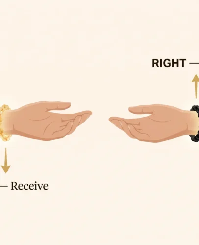 left-vs-right-hand-crystal-bracelet Infographic comparing left wrist to receive energy and right wrist to release energy when wearing a crystal bracelet