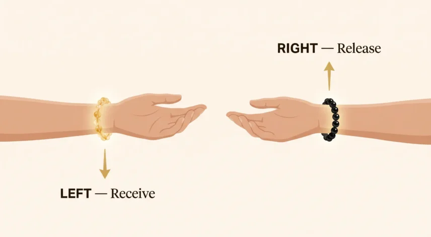left-vs-right-hand-crystal-bracelet Infographic comparing left wrist to receive energy and right wrist to release energy when wearing a crystal bracelet