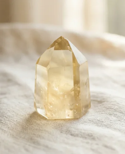 natural-citrine-crystal-merchants-stone Natural golden-yellow citrine crystal point known as the Merchant's Stone, on a warm neutral background
