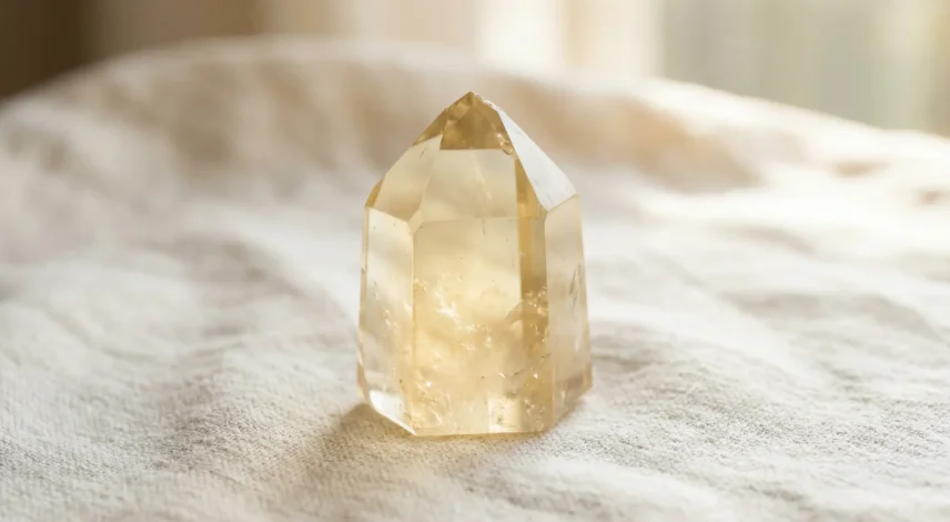 natural-citrine-crystal-merchants-stone Natural golden-yellow citrine crystal point known as the Merchant's Stone, on a warm neutral background