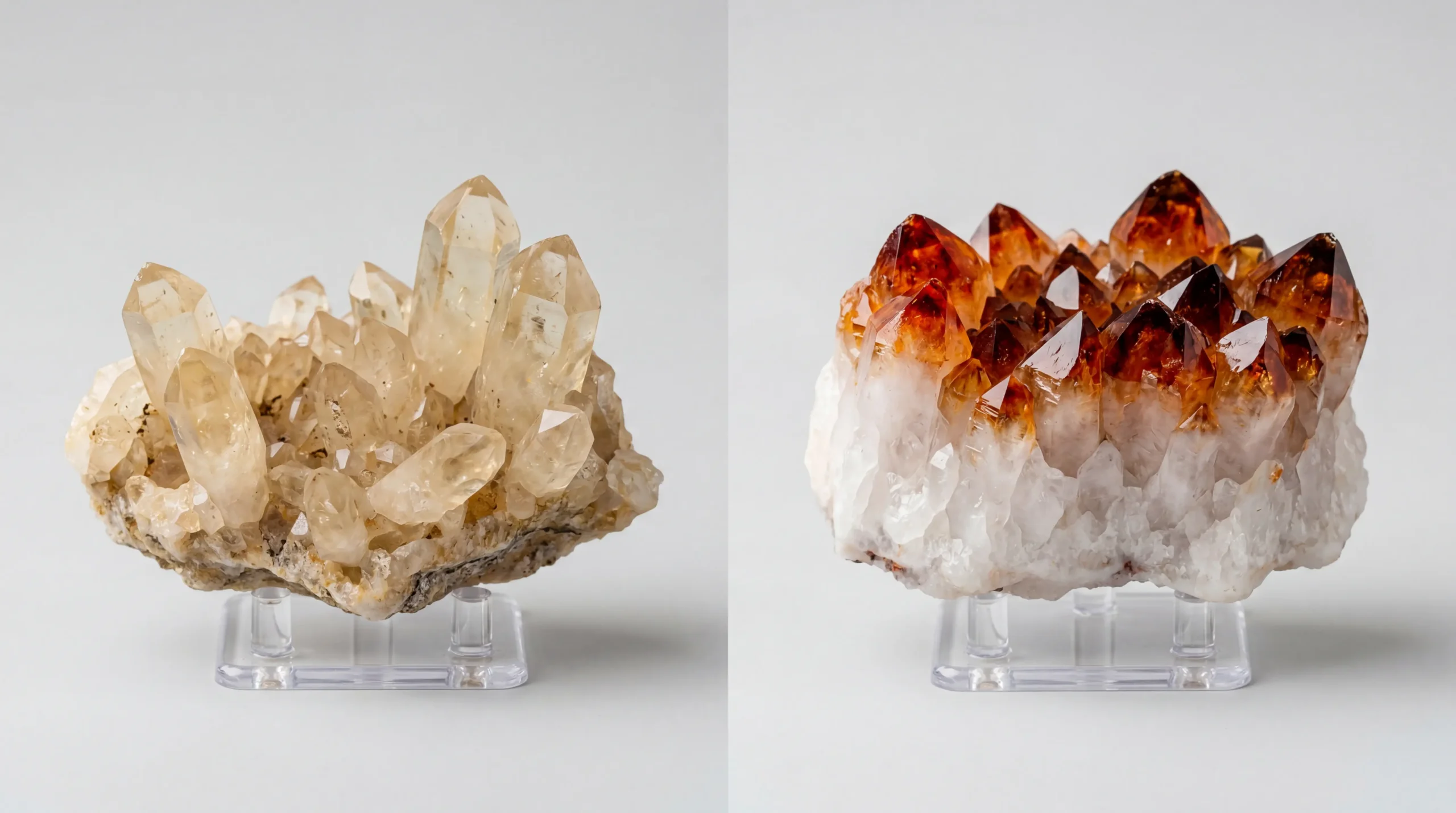 Side-by-side comparison of pale natural citrine and deep orange heat-treated amethyst with burnt-looking tips
