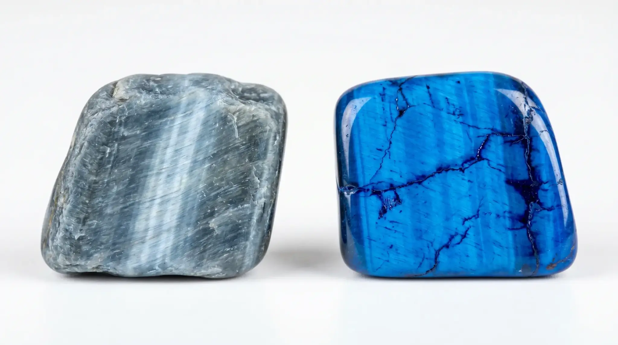 Side-by-side comparison of natural blue tiger eye versus dyed electric-blue imitation stone