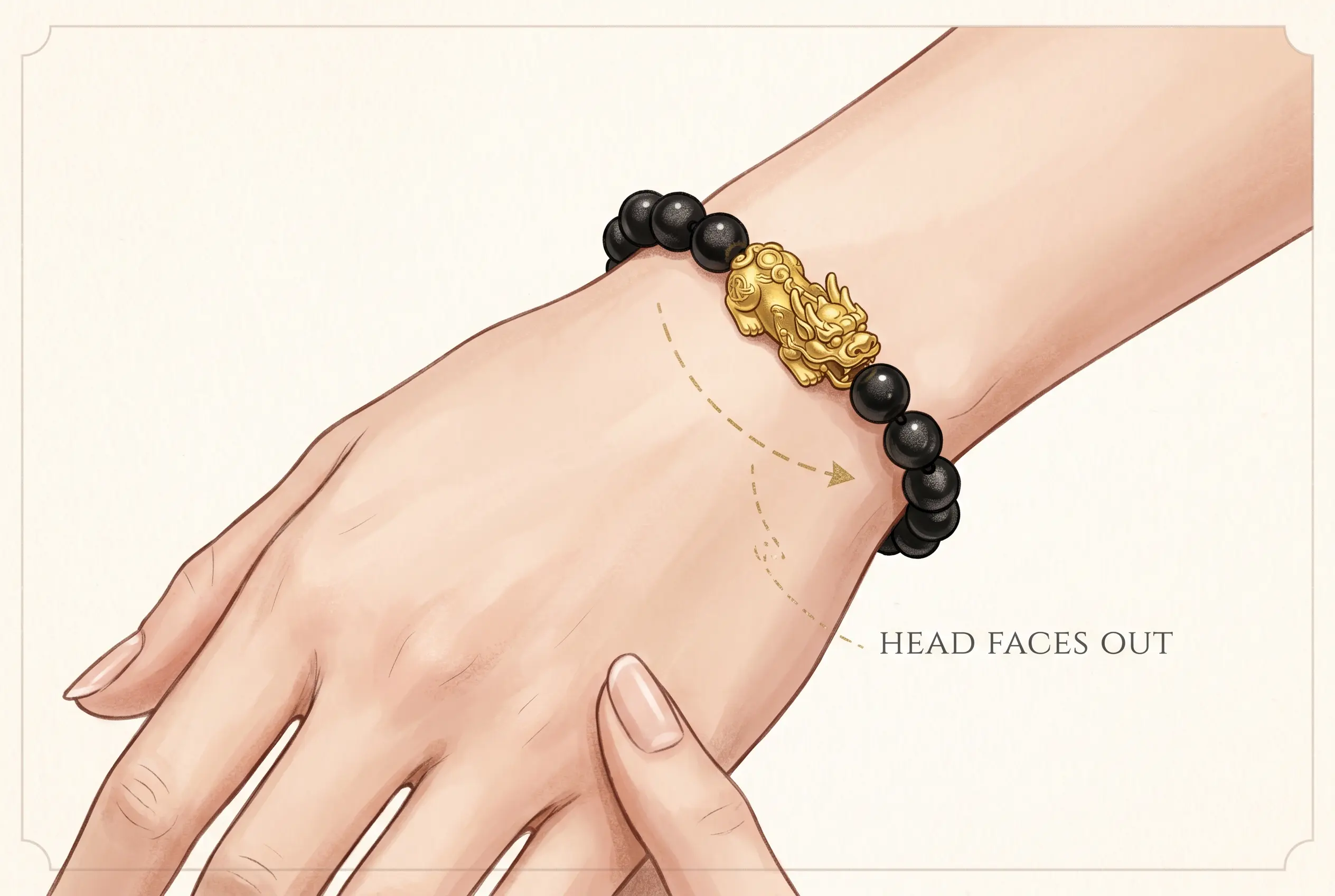 Diagram showing a Pixiu bracelet worn on the left wrist with the creature's head facing outward toward the pinky finger